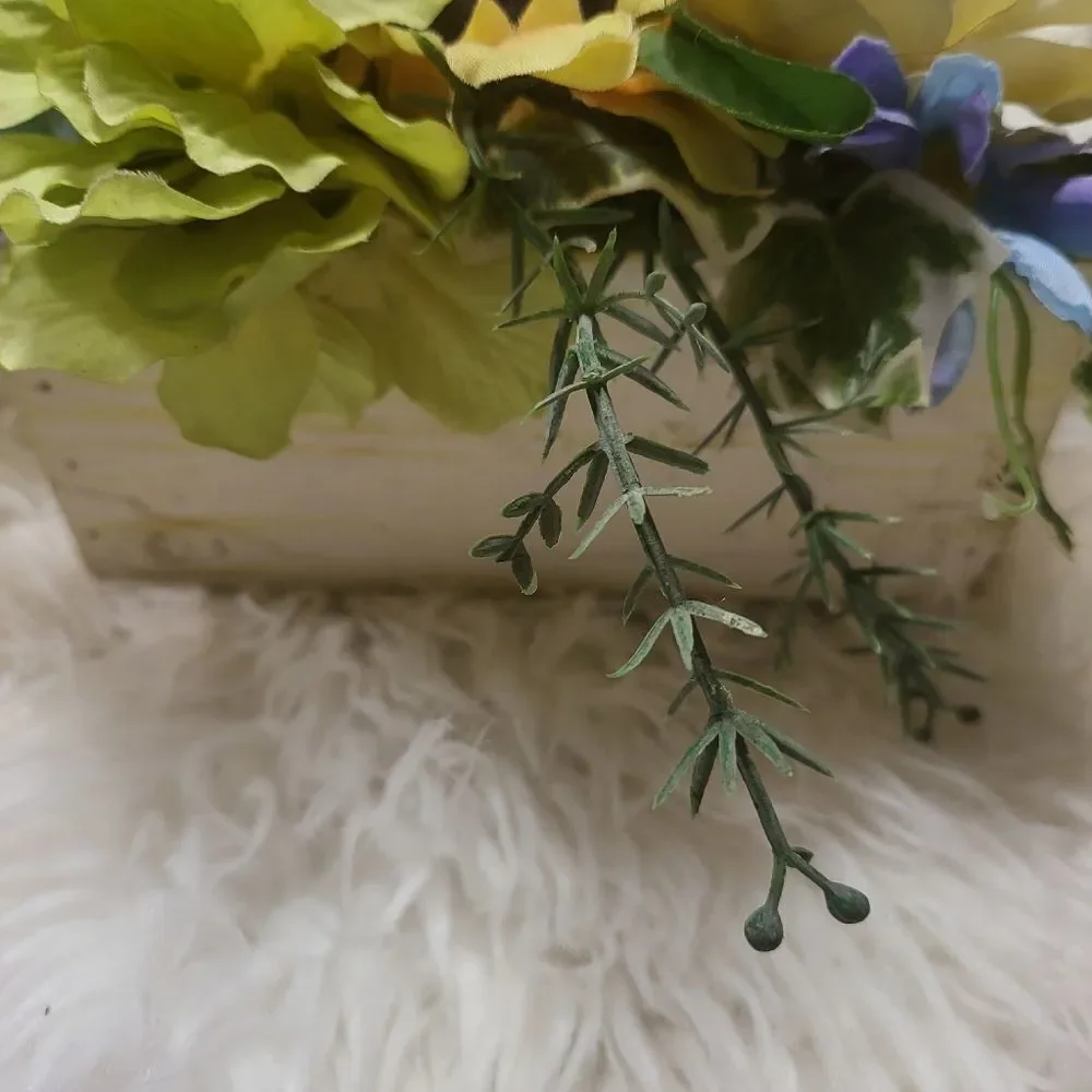 Wooden Box with Faux Flowers and Greenery